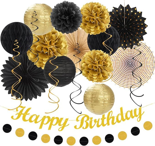Black Gold Women-Men Birthday Party-decorations - 21pcs Happy Banner,Paper Streamers Lanterns Honeycomb,Tissue Pom Poms Fan,Classroom Birthday Supplies Decor Huglony