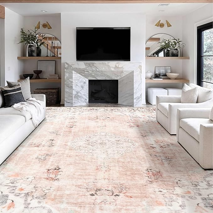 MUJOO 9'x12' Area Rug - Large Pink Boho Washable Non Slip Blush Pink Big Carpet Floral Flowers