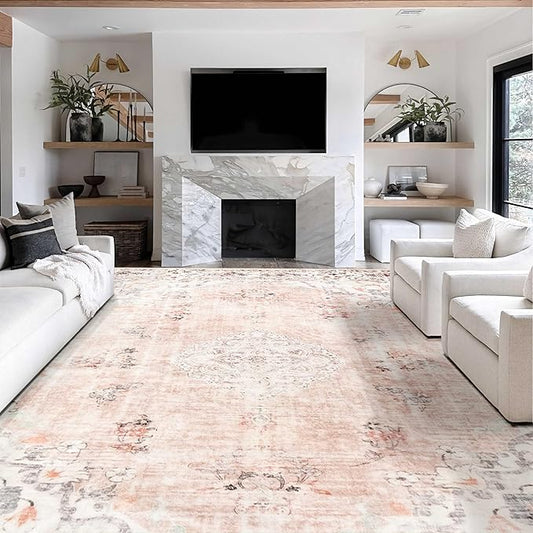 MUJOO 9'x12' Area Rug - Large Pink Boho Washable Non Slip Blush Pink Big Carpet Floral Flowers