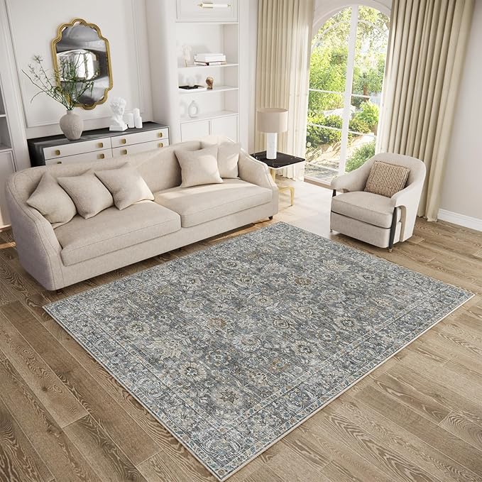 Washable Area Rugs 5'x7' Non-Slip Vintage Boho Distressed Fade Resistant Low Pile Carpet for High-Traffic Living Room, Bedroom & Dining Room