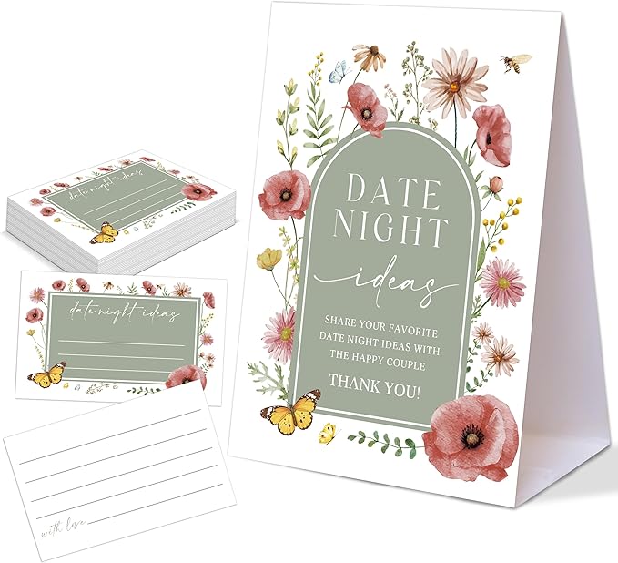Sage Green Floral Themed Share Your Date Night Ideas Game, 1 Tabletop Sign and 50 Cards, Bridal Shower Games 50 Guests, Wedding Shower Games for Bachelorette Night Wedding Event & Party Supplies
