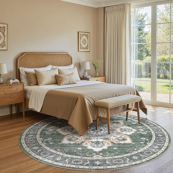 Area Rug for Living Room - 8x8 Soft Washable Oriental Vintage Floral Distressed Large Carpet - Fade Stain Resistant Non Slip Rugs for Bedroom Dining Room Nursery Dorm Office Home Decor - Green