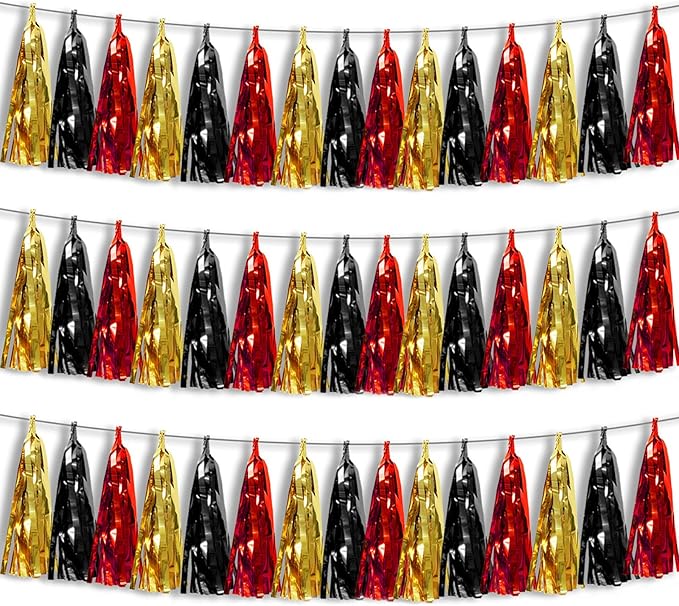 3P Black-Red Gold Foil Fringe Metallic Tassel Garland, Tassels Banner Streamers for Parade Floats, Bachelorette, Wedding, Birthday, Halloween, Christmas, Bridal/Baby Shower Party Decorations