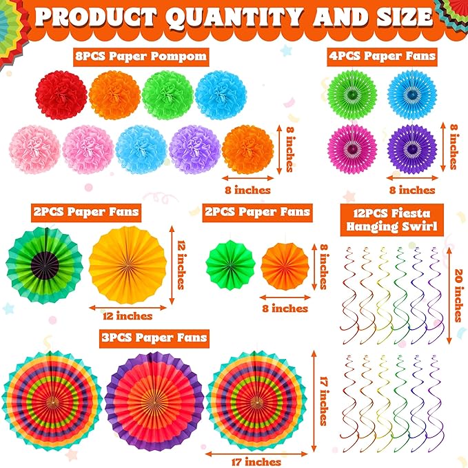 35 PCS Cinco De Mayo Decorations, Fiesta Party Decorations Hispanic Heritage Month Decorations Banner Paper Fans Tissue Pompom Swirls Garland for Day of Dead Mexican Party Decor Supplies Decor
