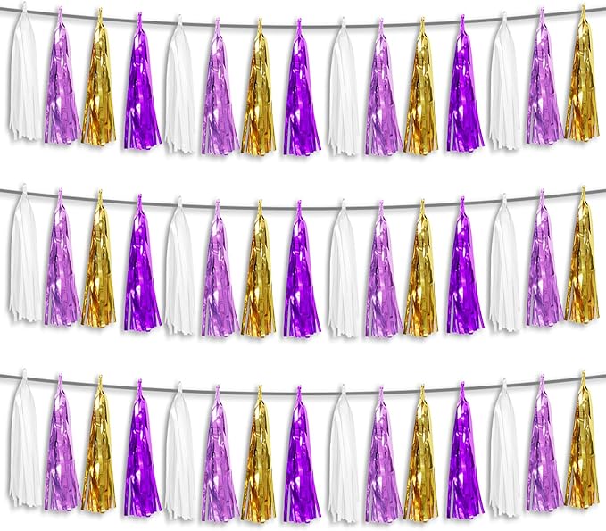 3P Purple-Gold Party Decoration Tassel Garland, Tassels Banner Streamers for Parade Floats, Bachelorette, Wedding, Birthday, Halloween, Christmas, Bridal/Baby Shower Party Decorations