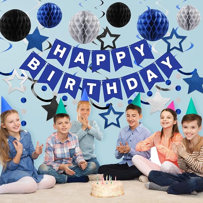 meowtastic Birthday Decorations, Happy Birthday Banner with Honeycomb Balls, Star Hanging Swirl Streamer, Circle Dot Garland, Happy Birthday Party Decorations for Women Men Boys Girls (Blue & Silver)