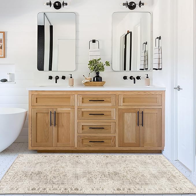 ReaLife Rugs Machine Washable Area Rug Runner - Living Room Bedroom Bathroom Kitchen Entryway Office - Padded Low Pile Stain Resistant Premium - Boho Farmhouse Vintage - Joy - Beige Ivory 2'6" x 8'