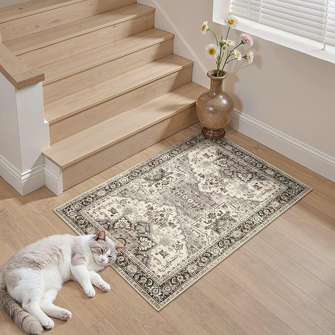 2x3 Washable Entryway Rug: Non-Slip Soft Small Indoor Area Rug for Bedroom Kitchen, Low Pile Stain-Resistant Durable Vintage Floral Carpet for Porch Laundry Kids Room Home Decor (Brown)