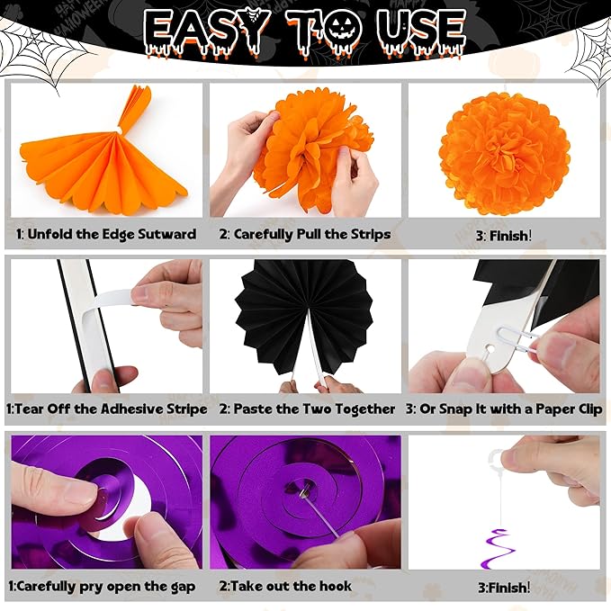 26PCS Halloween Party Decorations, Purple Black Orange Paper Fans Set, Halloween Pompom Banner Garland Fans Hanging Swirls for Trick or Treat Party Decor Accessories Indoor Outdoor Home Decorations