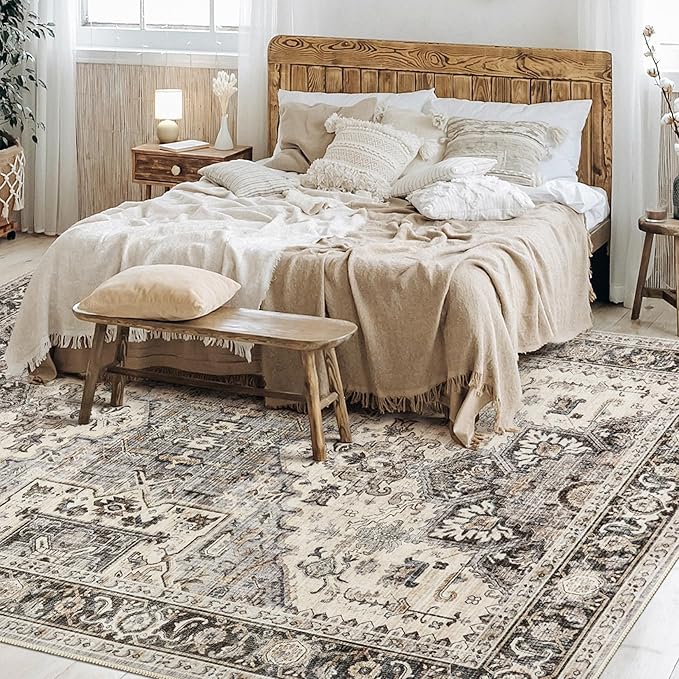 Area Rug for Living Room - 6x9 Soft Machine Washable Oriental Vintage Floral Distressed Large Indoor Floor Carpet for Bedroom Under Dining Table Home Office Decor - Brown