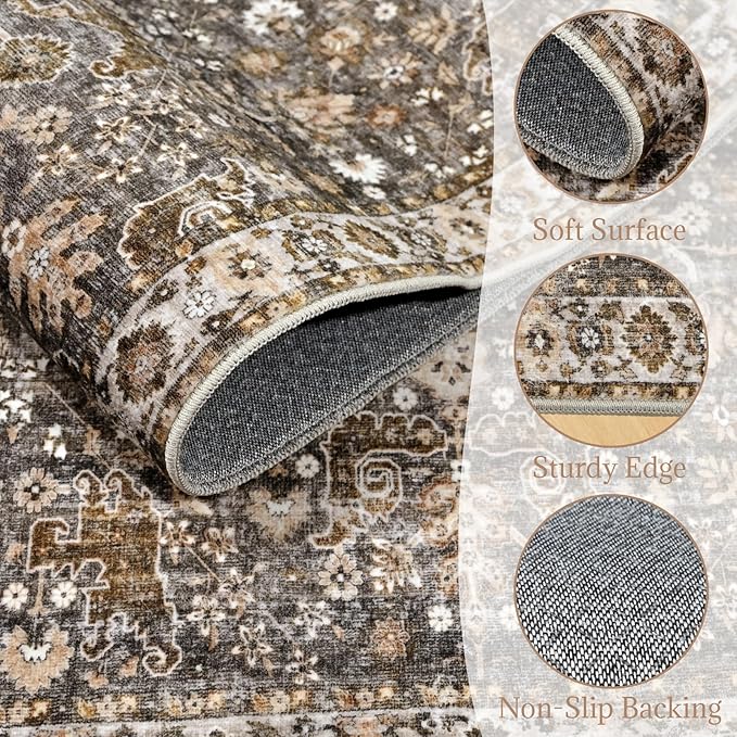 Washable Area Rugs 5'x7' Non-Slip Vintage Boho Distressed Fade Resistant Low Pile Carpet for High-Traffic Living Room, Bedroom & Dining Room