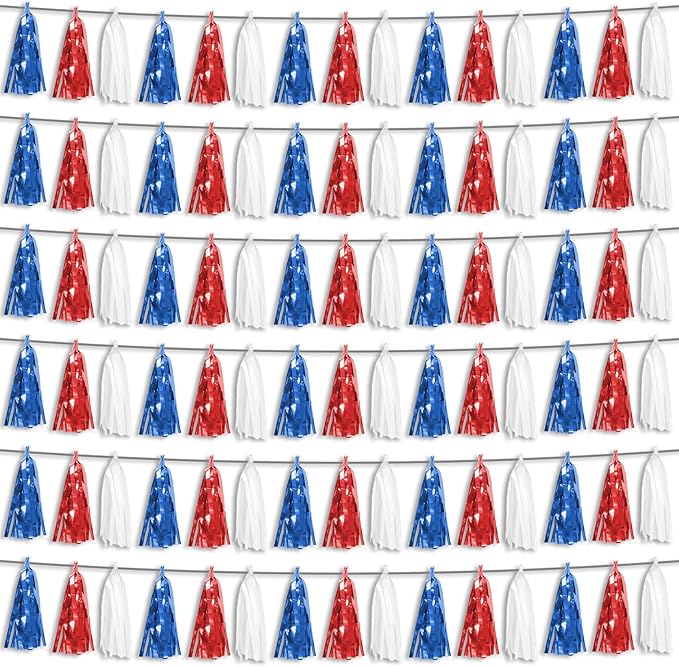 6P Red Blue White Foil Fringe Metallic Tassel Streamers Banner Tassel Garland for Parade Floats, Bachelorette, Wedding, Birthday, Graduation, Christmas, Bridal/Baby Shower Party Decorations