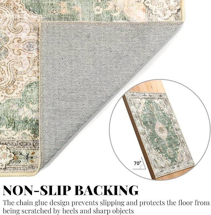 MUJOO Green Area Rug Small Rugs Boho Machine Washable Rugs Non Slip for Entryway Kitchen Bathroom Bedroom Vintage Soft Low-Pile 2'x3' Flowers