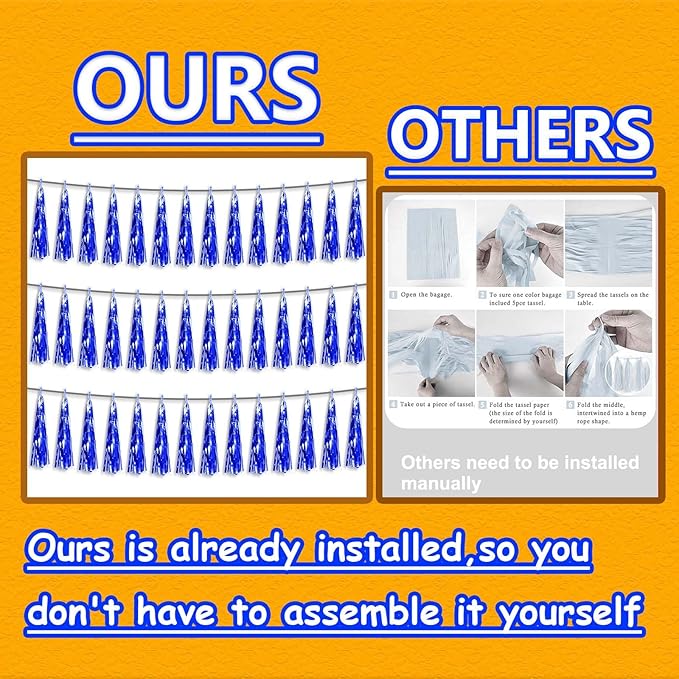 3P Metallic Fringe Tassel Banner Garland Foil Tinsel Streamer Wall Hanging Curtain Backdrop Banner for Parade Floats, Graduation Decorations, Retirement Party Decoration(Blue