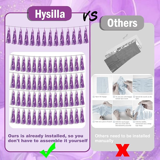 6P Light Purple Foil Fringe Metallic Tassel Streamers Banner Tassel Garland for Parade Floats, Bachelorette, Wedding, Birthday, Graduation, Christmas, Bridal/Baby Shower Party Decorations