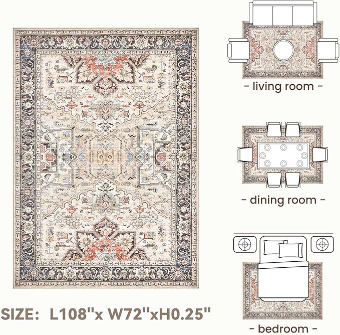 Area Rug for Living Room - 6x9 Soft Machine Washable Oriental Vintage Floral Distressed Large Indoor Floor Carpet for Bedroom Under Dining Table Home Office Decor - Multi