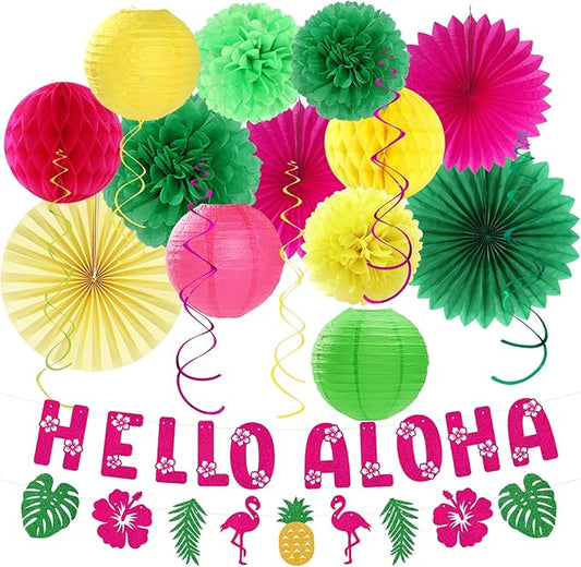 Hawaiian Aloha-Luau Flamingo Party-Decorations Supplies - 21pcs Hello Banner,Pool Paper Lanterns Honeycomb,Beach Theme Streamers Garland,Tissue Pom Poms Flowers Fan,Tropical Summer Tiki Decor Burgleda