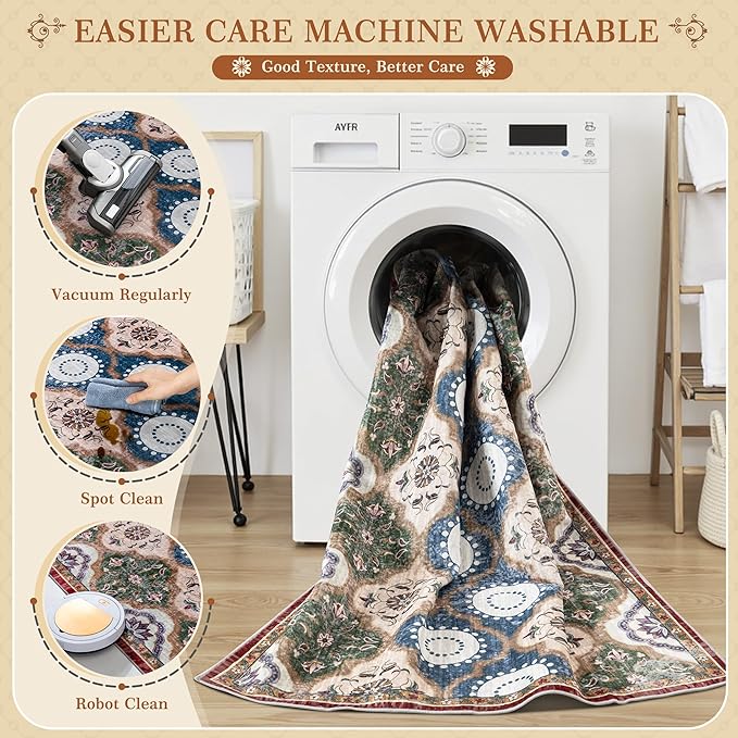 EnHomee 8x10 Area Rug, Soft Washable Rugs for Living Room Bedroom, Boho Non Slip Low Pile Stain Resistant Washable Rug Large Area Rugs for Dining Room,Easy to Clean Living Room Rug, Red & Green