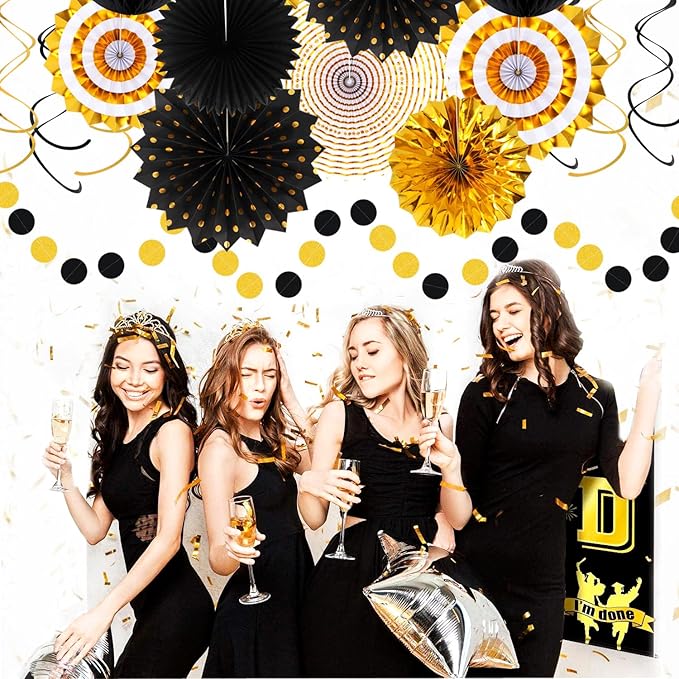 Black-Gold Graduation Party-Decorations - 33pcs Kits Banner, Streamers Tassel Garland,Tissue Pom Poms Honeycomb, Paper Lantern Fans,Wedding New Year Birthday Baby Shower Decor Hugtmr