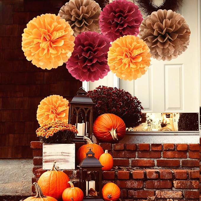 Brown Burgundy Orange Party-Decorations - 23pcs Fall Autumn Thanksgiving Harvest Paper Tissue Pom Poms Streamers,Rustic Boho Wedding Tassel Garland Banner,Birthday Baby Shower Decor Lasting Surprise