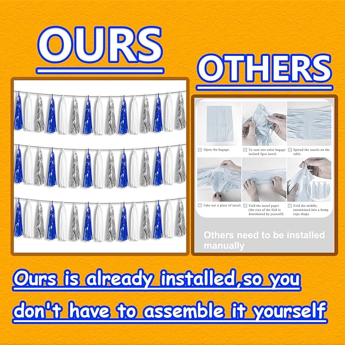 3P Metallic Fringe Tassel Banner Garland Foil Tinsel Streamer Wall Hanging Curtain Backdrop Banner for Parade Floats, Graduation Decorations, Retirement Party Decorations(Navy Blue White Silver)