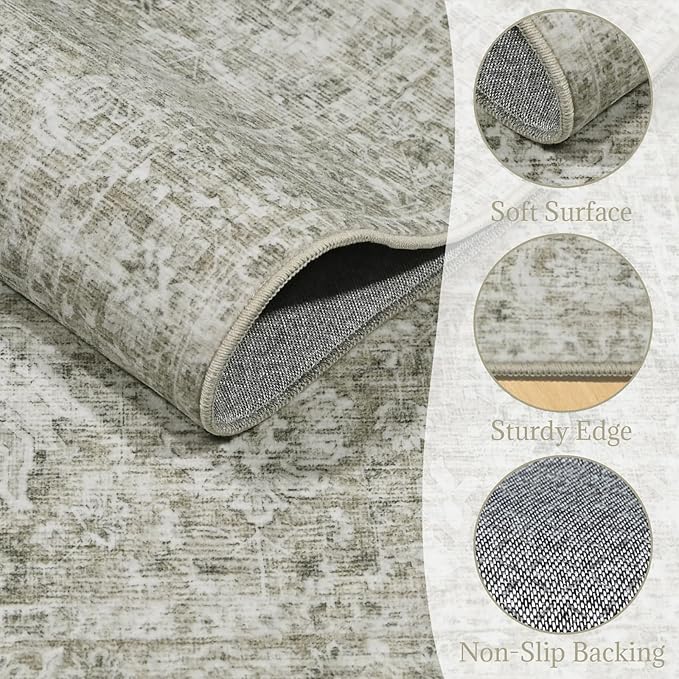 6x9 Washable Rug Vintage Fade Resistant Boho Distressed Non-Slip Indoor Large Carpet Low Pile Lightweight & High-Traffic Safe for Bedroom, Dorm, Playroom - Farmhouse Decor