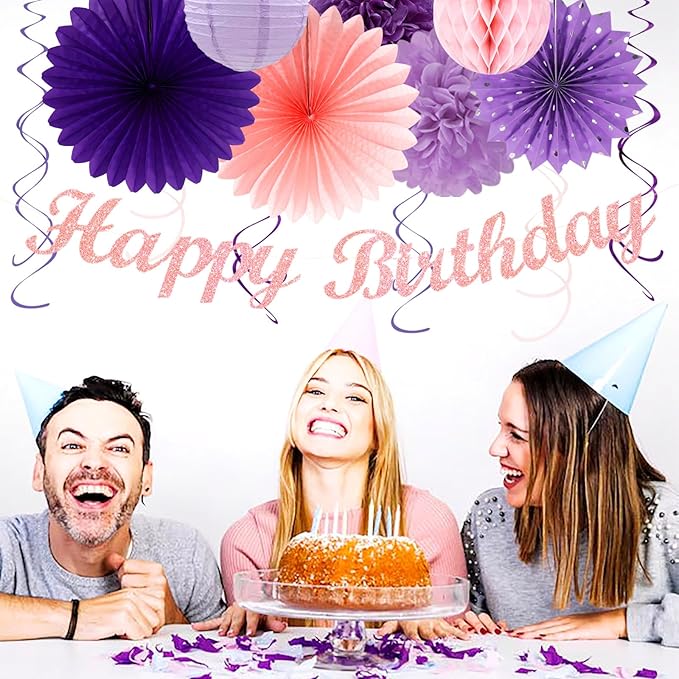 Purple Lilac-Lavender Pink Women Birthday Party-Decorations - 21pcs Happy Banner,Paper Lanterns Honeycomb,Tissue Pom Poms Flower Fan,Classroom Hanging Streamers Garland,Girls Decor Supplies Huglony