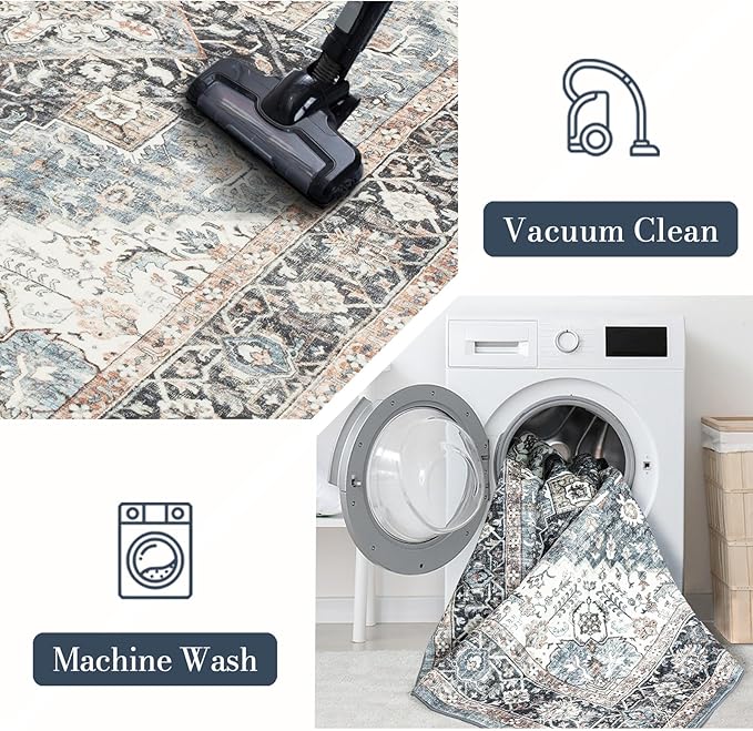 Runner Rug 2×8, Vintage Boho Rug,Ultra-Soft Low Pile, Washable, Non Slip,Stain Resistant Printed Carpet for Hallway Kitchen Living Room Bedrooms Playroom Office, Blue/Navy