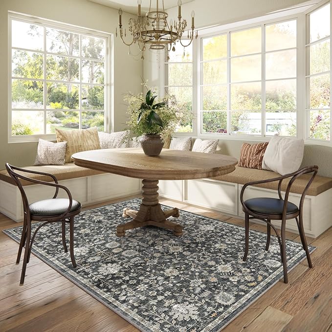 Washable Area Rugs 5'x7' Non-Slip Vintage Boho Distressed Fade Resistant Low Pile Carpet for High-Traffic Living Room, Bedroom & Dining Room