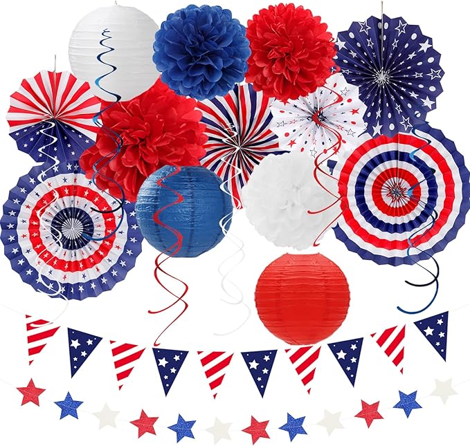 Red-White Blue Memorial-Day Patriotic Decorations - 21pcs 4th Fourth of July Paper Lanterns Fans,Tissue Pom Poms Streamers,Honeycomb Balls,USA Americana Independence Banner Decor Burgleda