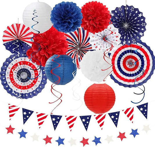 Red-White Blue Memorial-Day Patriotic Decorations - 21pcs 4th Fourth of July Paper Lanterns Fans,Tissue Pom Poms Streamers,Honeycomb Balls,USA Americana Independence Banner Decor Burgleda