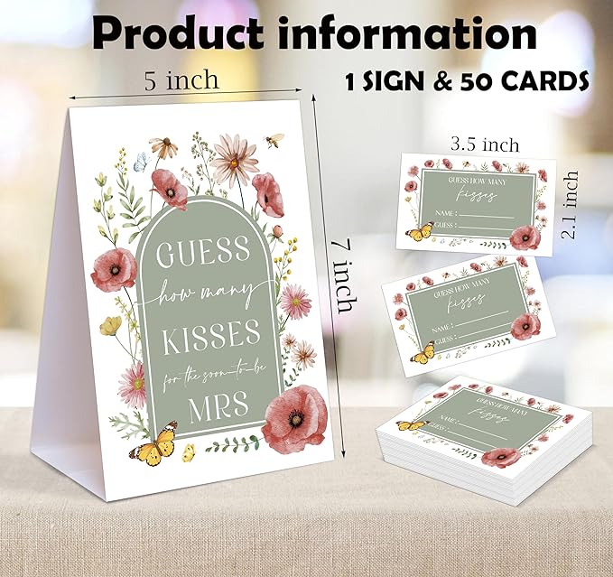 Sage Green Floral How Many Kisses for the Soon to Be Mrs, 1 Tabletop Sign and 50 Cards, How Many Kisses Bridal Shower Game for Bachelorette Night Wedding Event & Party Supplies