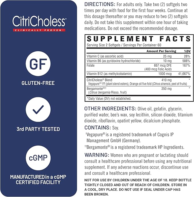 U.S. Doctors’ Clinical CitriCholess® Clinically Proven Cholesterol Supplement with Bergamonte Citrus Extract & Vitamin C to Support Healthy Cholesterol Levels (120 Softgels – 2 Month Supply)