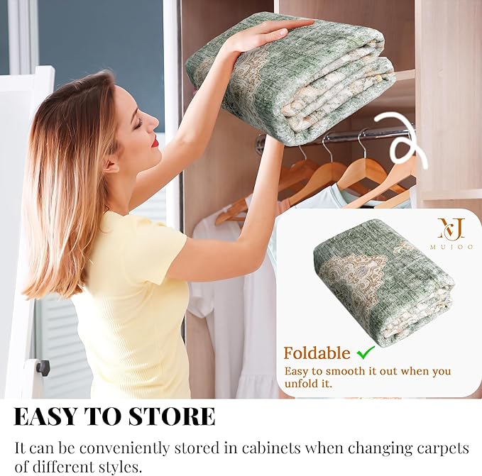 MUJOO Hallway Runner Rug 2'x8' Green Long Rug Runners Boho Machine Washable Non Slip Carpet for Entryway Kitchen Bathroom Bedside Retro Soft Low-Pile Blossom