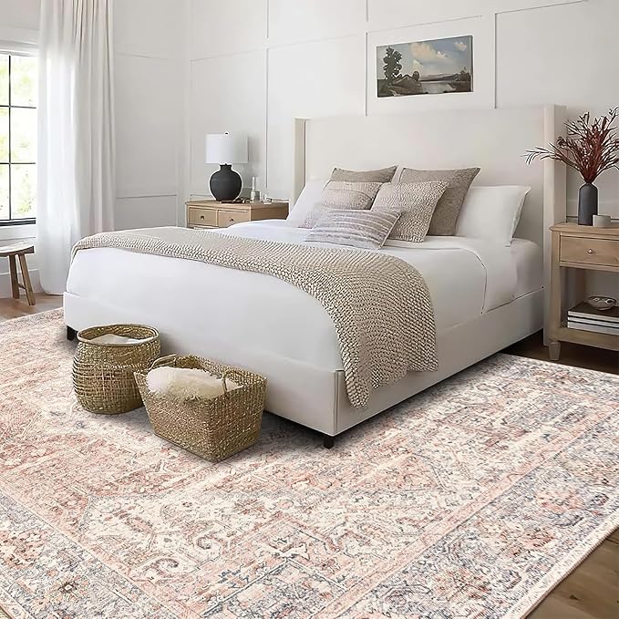 ReaLife Rugs Machine Washable Area Rug - Living Room Bedroom Bathroom Kitchen Entryway Office - Padded Low Pile Stain Resistant Premium - Boho Farmhouse Vintage - Lyle - Gray Ivory Blush 4' x 6'