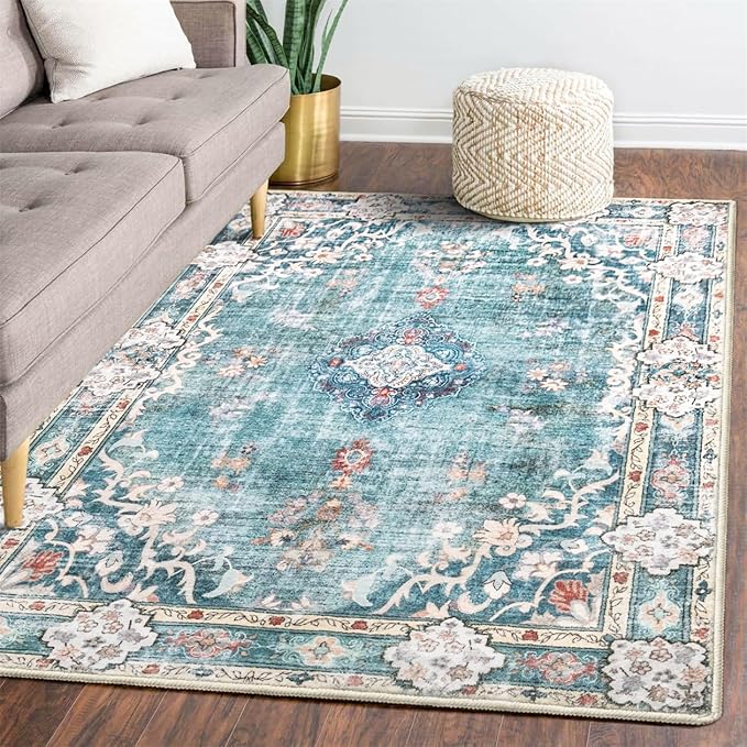 MUJOO 5'x7' Area Rugs Teal Machine Washable Rugs Living Room Rugs Boho Rug for Bedroom Laundry Room Kitchen Non Slip Carpet Abstract Soft Low-Pile Blue Floral