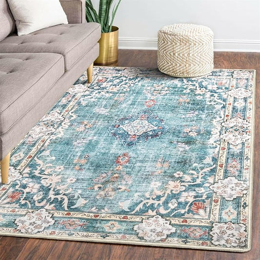 MUJOO 5'x7' Area Rugs Teal Machine Washable Rugs Living Room Rugs Boho Rug for Bedroom Laundry Room Kitchen Non Slip Carpet Abstract Soft Low-Pile Blue Floral
