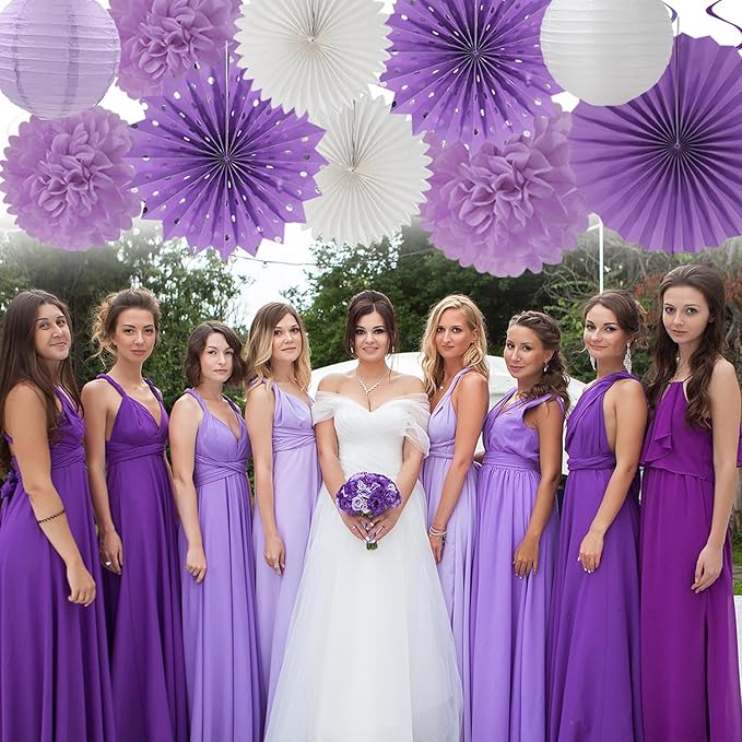 Purple-White Lavender Women-Girl Birthday Party-Decorations - 33pcs Paper Lanterns Fans,Streamers Tassel Garland Banner,Tissue Pom Poms,Baby Bridal Shower Wedding Bachelorette Graduation Decor Hugtmr