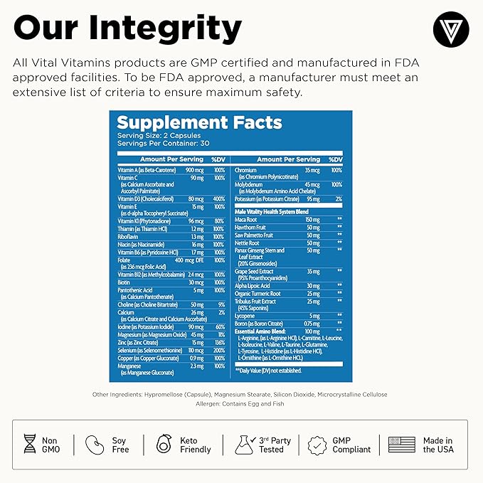 Vital Vitamins Men's Multivitamin Complex - Made with Essential Amino Acids & Maca Root - with Vitamin A, C, E, B6, B12, D3 & Male Performance Blend - Daily Mens Multivitamin - 60 Capsule