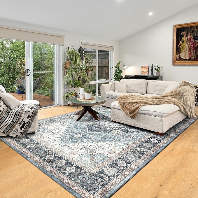 Area Rug 9×12, Large Vintage Boho Rug,Ultra-Soft Low Pile, Washable, Non Slip,Stain Resistant, Printed Carpet for Living Room Bedrooms Playroom Office Kitchen, Blue/Navy