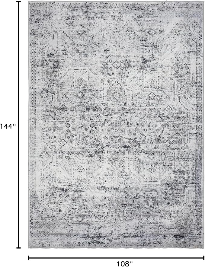 Area Rug 9×12, Large Vintage Boho Rug,Ultra-Soft Low Pile, Washable, Non Slip,Stain Resistant, Printed Carpet for Living Room Bedrooms Playroom Office Kitchen, Classic-Grey