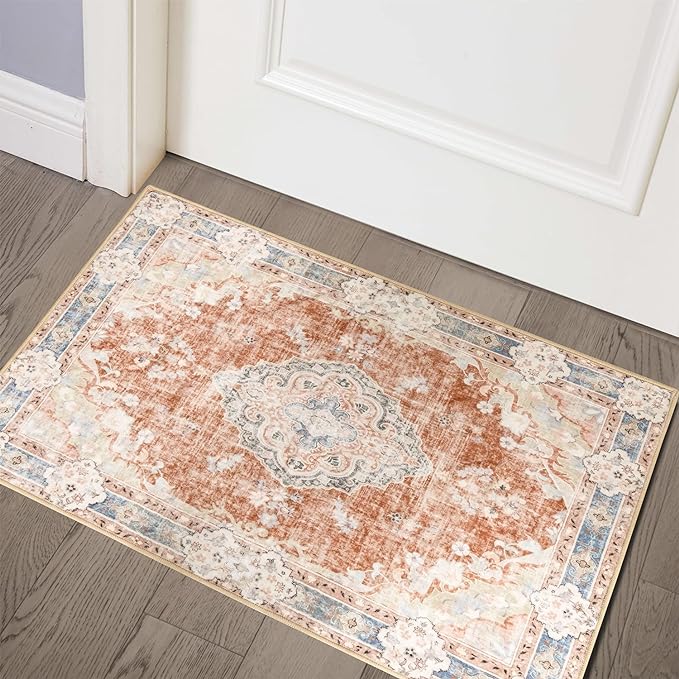 MUJOO 2'x3' Rugs Machine Washable Area Rugs for Entryway Boho Rug for Bathroom Kitchen Non Slip Carpet Abstract Soft Low-Pile Orange Navy Blue Area Rug Floral