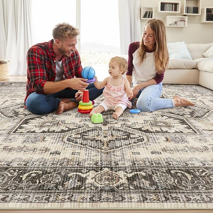 Area Rug for Living Room - 8x10 Soft Machine Washable Oriental Vintage Floral Distressed Large Indoor Floor Carpet for Bedroom Under Dining Table Home Office Decor - Grey Brown