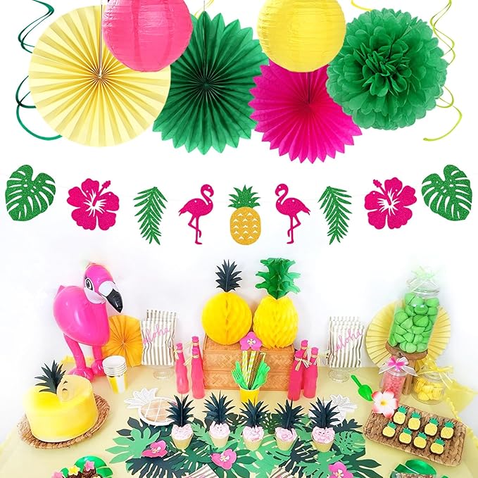 Hawaiian Aloha-Luau Flamingo Party-Decorations Supplies - 21pcs Hello Banner,Pool Paper Lanterns Honeycomb,Beach Theme Streamers Garland,Tissue Pom Poms Flowers Fan,Tropical Summer Tiki Decor Burgleda