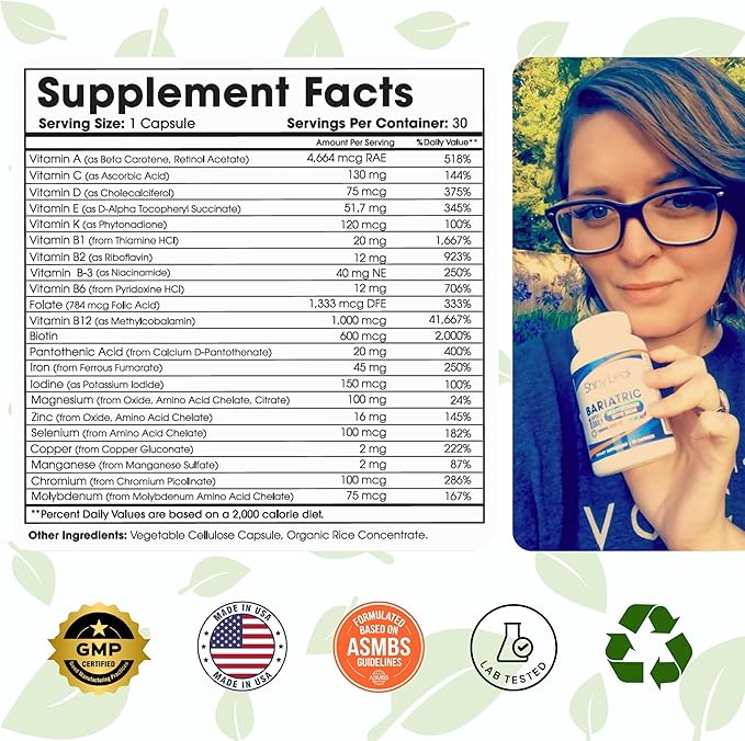 Shiny Leaf Bariatric Multivitamin with Iron - 45 mg for Gastric Bypass, Sleeve Gastrectomy, Roux-en-Y, Duodenal Switch - 22 Vitamins & Minerals, ASMBS Compliant, Vegetarian, Made in USA, GMP, 30 Ct.