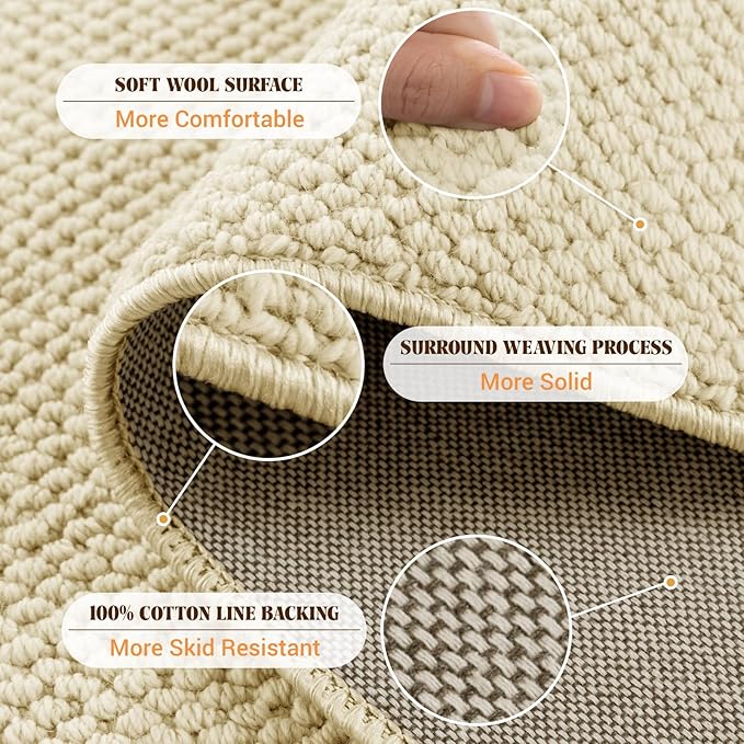 Shilucheng Wool Rug 8x10 Non-Slip, Blend 80% Wool and 20% Cotton Rugs for Living Room, Bedroom, Dinning Room, Soft Durable Cotton Backing Modern Area Rug (Beige)