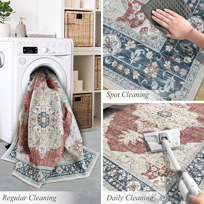7X9 Washable Vintage Area Rug Boho Distressed Design Non-Shedding Carpet Easy Care Ideal for High Traffic Areas (Brick/Beige, 7x9)