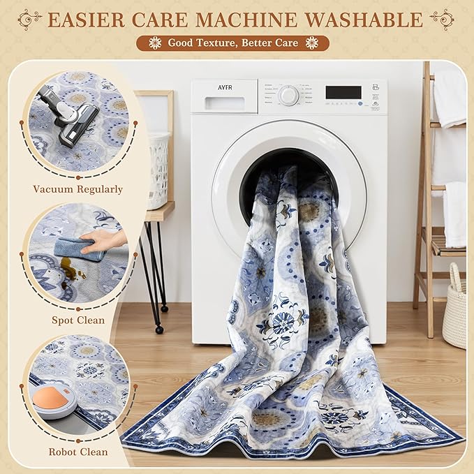 EnHomee Washable Area Rugs 4x6, Soft Area Rug for Living Room Bedroom, Boho Non Slip Low Pile Stain Resistant Washable Rug Large Carpet for Dining Room,Easy to Clean Living Room Rug, Blue
