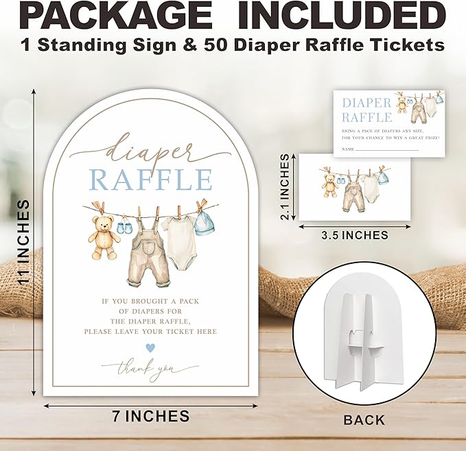 Diaper Raffle Game Kit with Arched Display Board & Stand - Blue Baby Clothes, 7x10 Inch Gender Neutral Baby Shower Sign with 50 Tickets, Natural Theme Decor (B07)