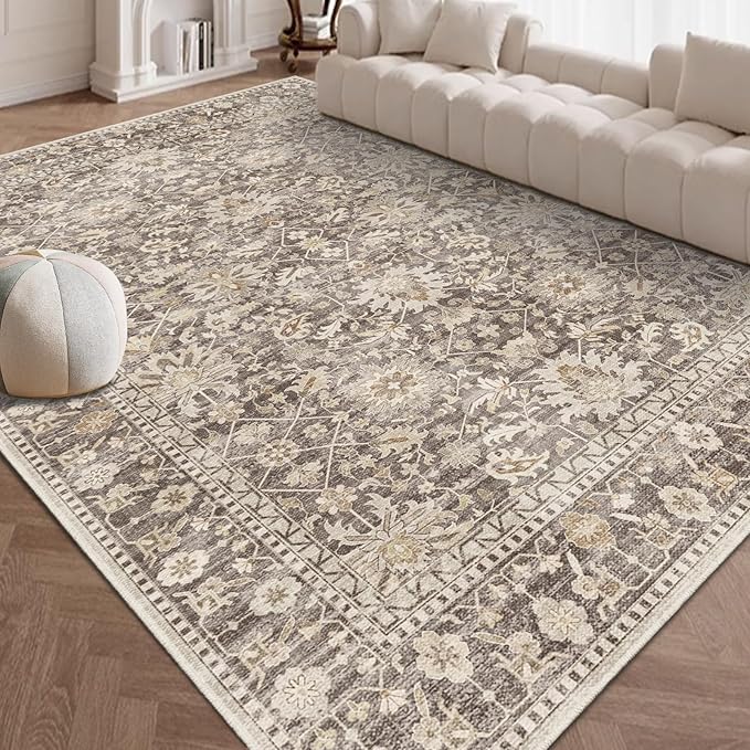 7X9 Area Rugs Machine Washable Rugs for Living Room Bedroom Hallway, Non Slip Indoor Soft Accent Distressed Boho Vintage Print Lightweight Thin Low Pile Carpet (Coffee, 7x9)